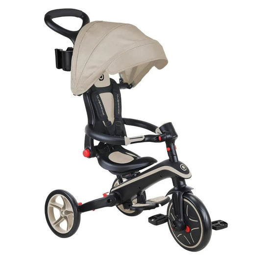 Globber - 4 In 1 Foldable Explorer Trike Tricycle, Patented Scissor Folding System, 2-height Adjustable Saddle, High-Back Seat, 10 Months+, 243.84 x 241.3 x 119.38 cm - Taupe