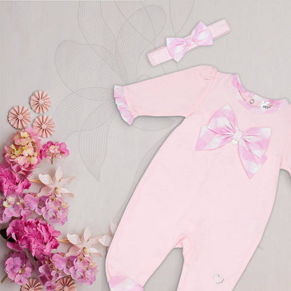 MOON 100% Cotton Sleepsuit With Headband 0-1M Pink - Pink Gingham