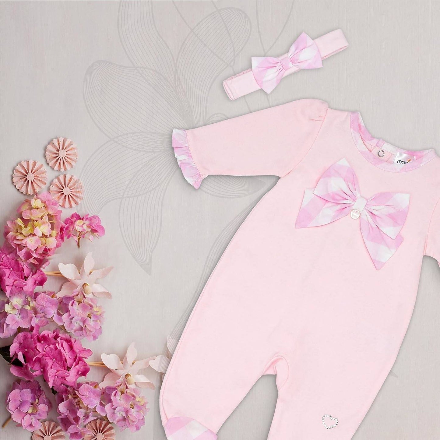 MOON 100% Cotton Sleepsuit With Headband 3-6M Pink - Pink Gingham