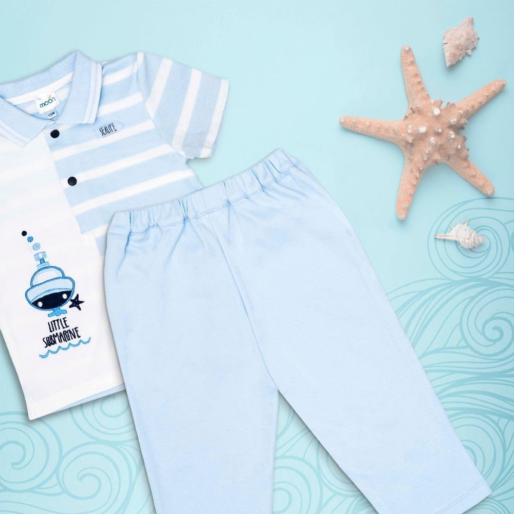 MOON 100% Cotton Polo T-Shirt and Long Pant 9-12M Blue - Little Submarine
