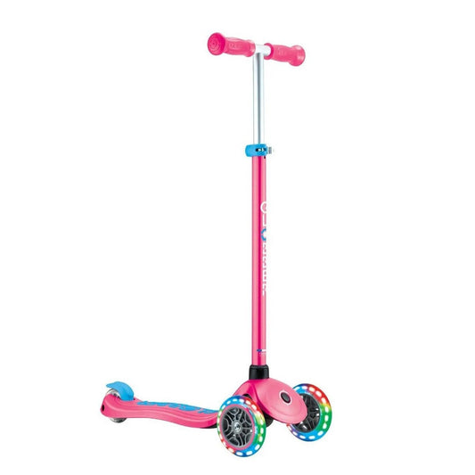 Globber - Primo Plus Lights Three Wheel Scooter, Adjustable T-Bar, Patented Steering Lock System, Light Up Wheels, 3 Years+, 58 x 28 x 76 cm - Fuchsia