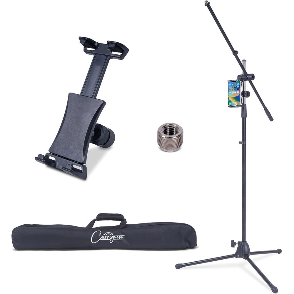 Carry-On Folding Microphone Stand With Storage Bag And Phone Tablet Holder