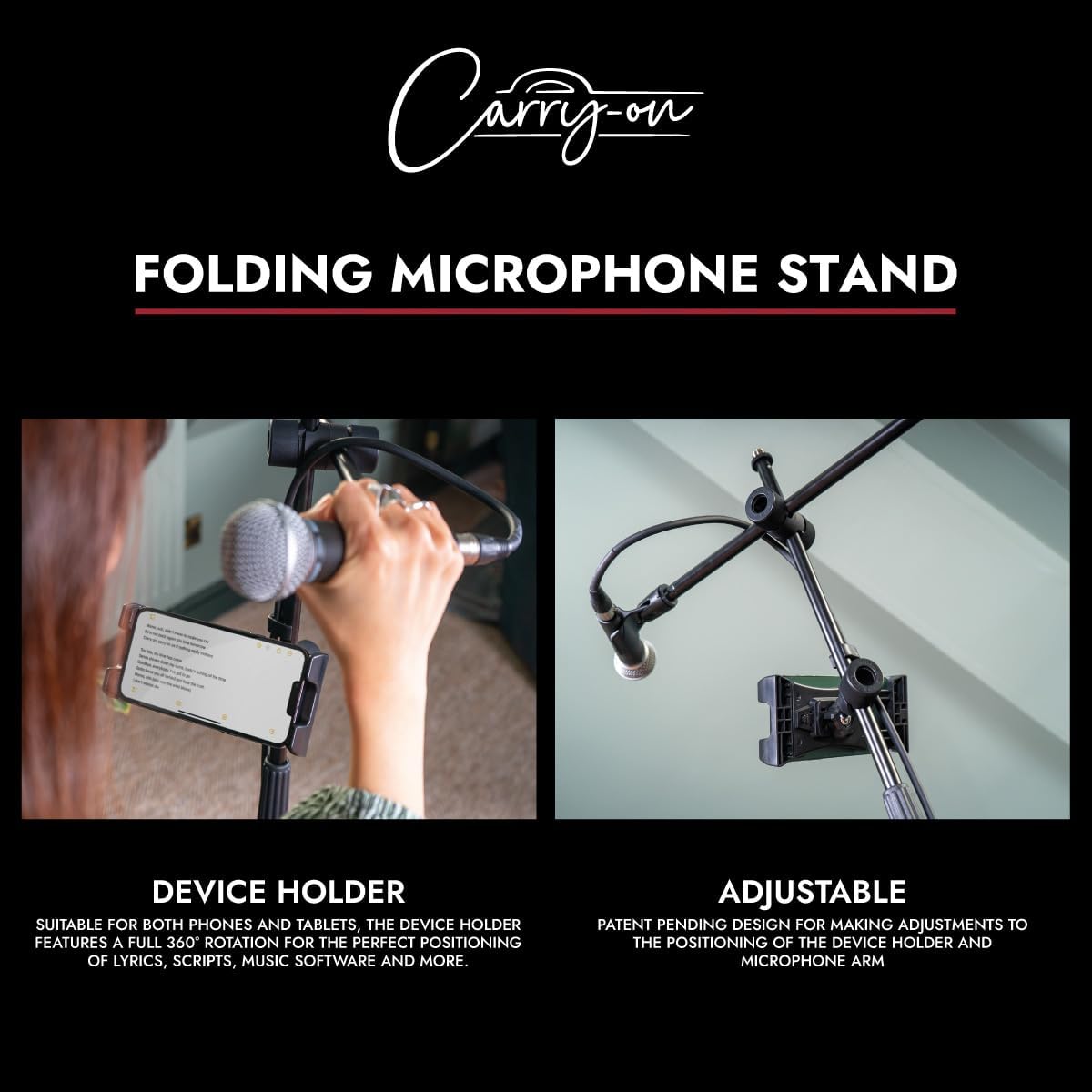 Carry-On Folding Microphone Stand With Storage Bag And Phone Tablet Holder