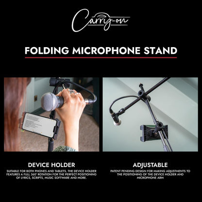 Carry-On Folding Microphone Stand With Storage Bag And Phone Tablet Holder