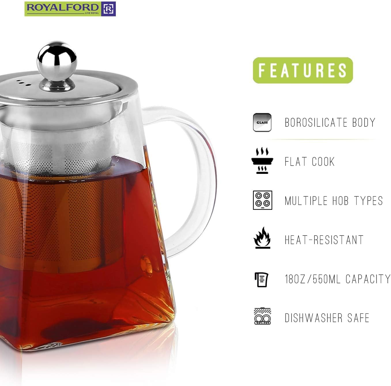 Royalford Glass Tea Pot with Strainer, Stainless Steel/Clear, 500 ml