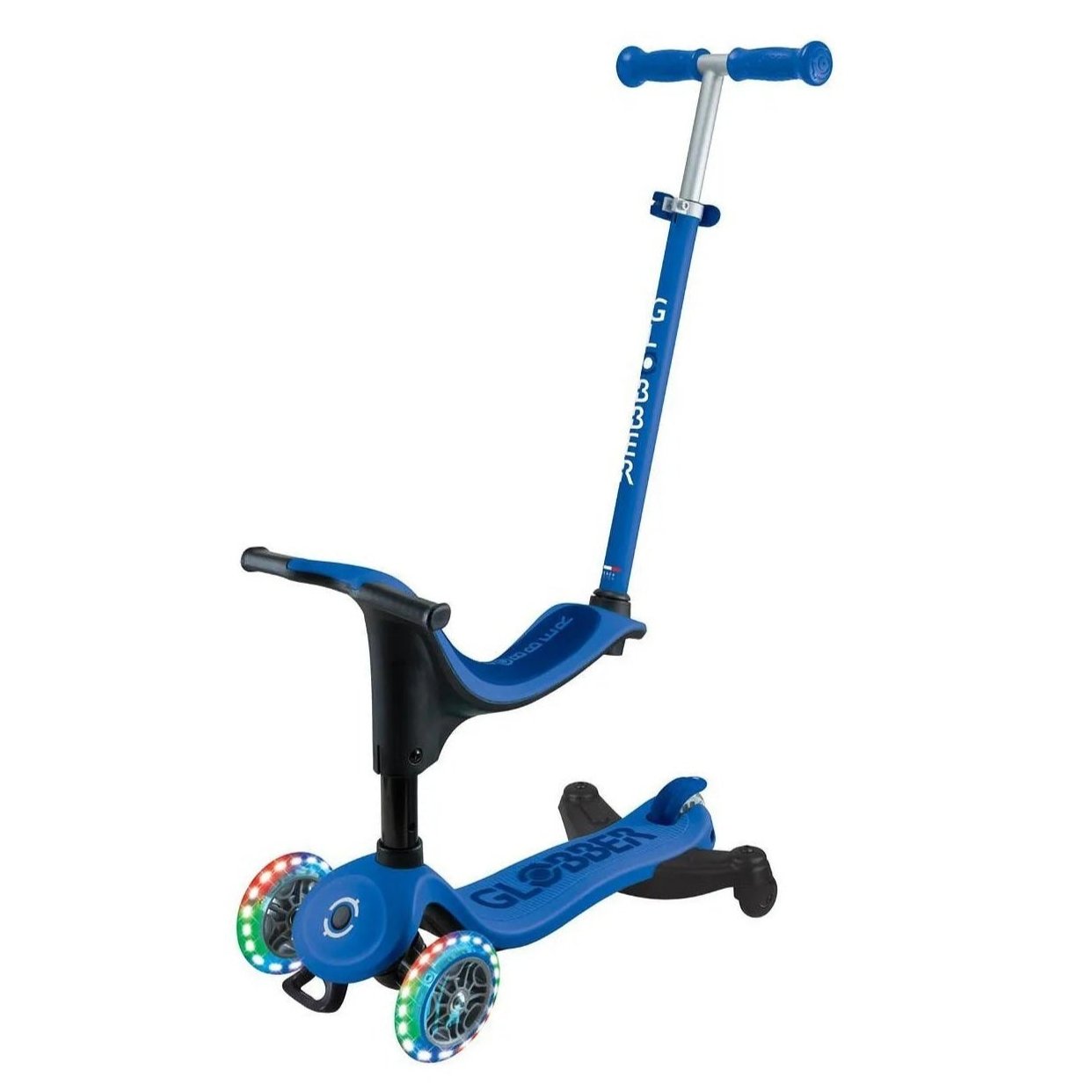 Globber - Go Up Sporty Lights 360 Scooter, 100% Tool-Less Transformation, Patented Steering Lock System, Adjustable Seat and T-Bar, 15 Months+, 26 x 18 x 67.5 cm - Navy Blue