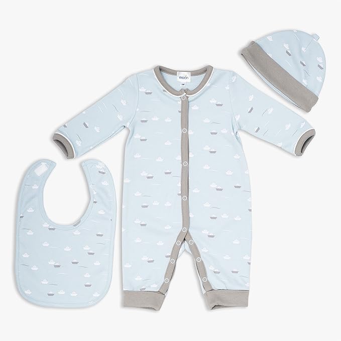 MOON 100% Cotton  Sleepsuit, Hat And Bib 3pcs 1-3M Teal - Little Boat