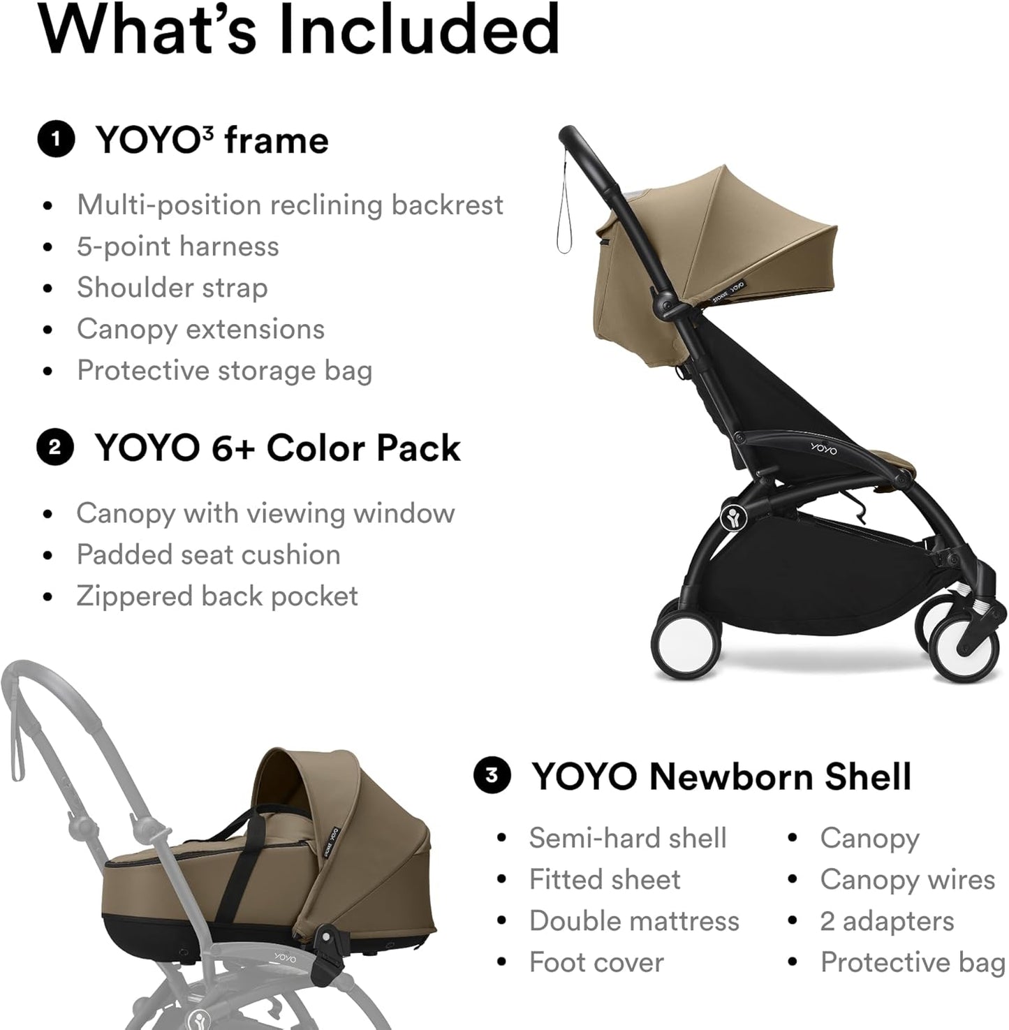 Stokke YOYO3 Frame Black + Newborn & 6+ Pack Bundle - Toffee