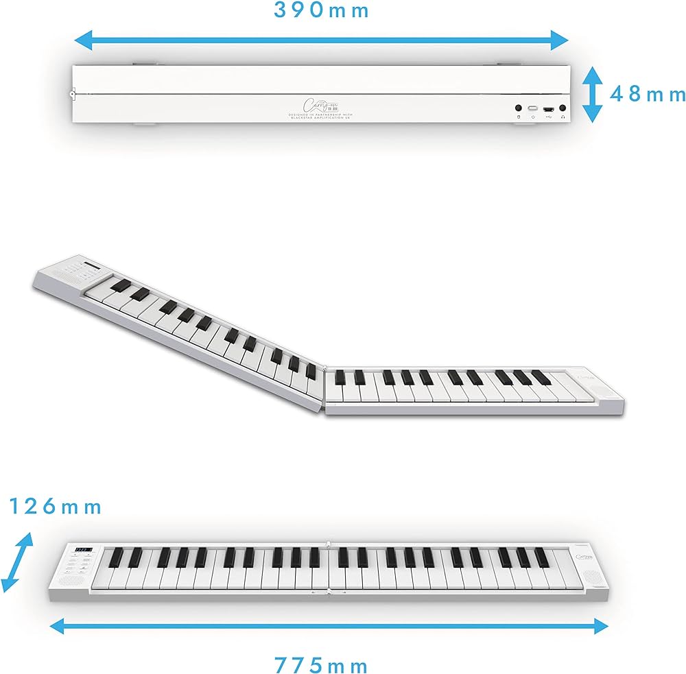 Carry-On 49 Keys Folding Piano with Touch Sensivity & Pads, Midi Over Bluetooth - White Color (Free Software Included)