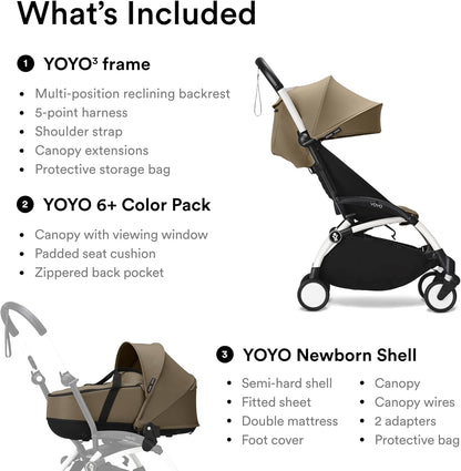 Stokke YOYO3 Frame White + Newborn & 6+ Pack Bundle - Toffee