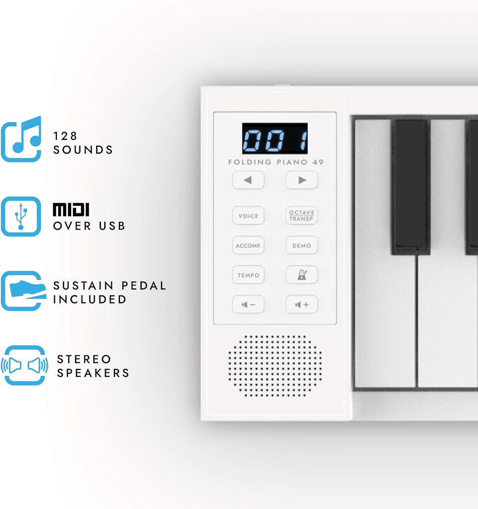 Carry-On 49 Keys Folding Piano with Touch Sensivity & Pads, Midi Over Bluetooth - White Color (Free Software Included)