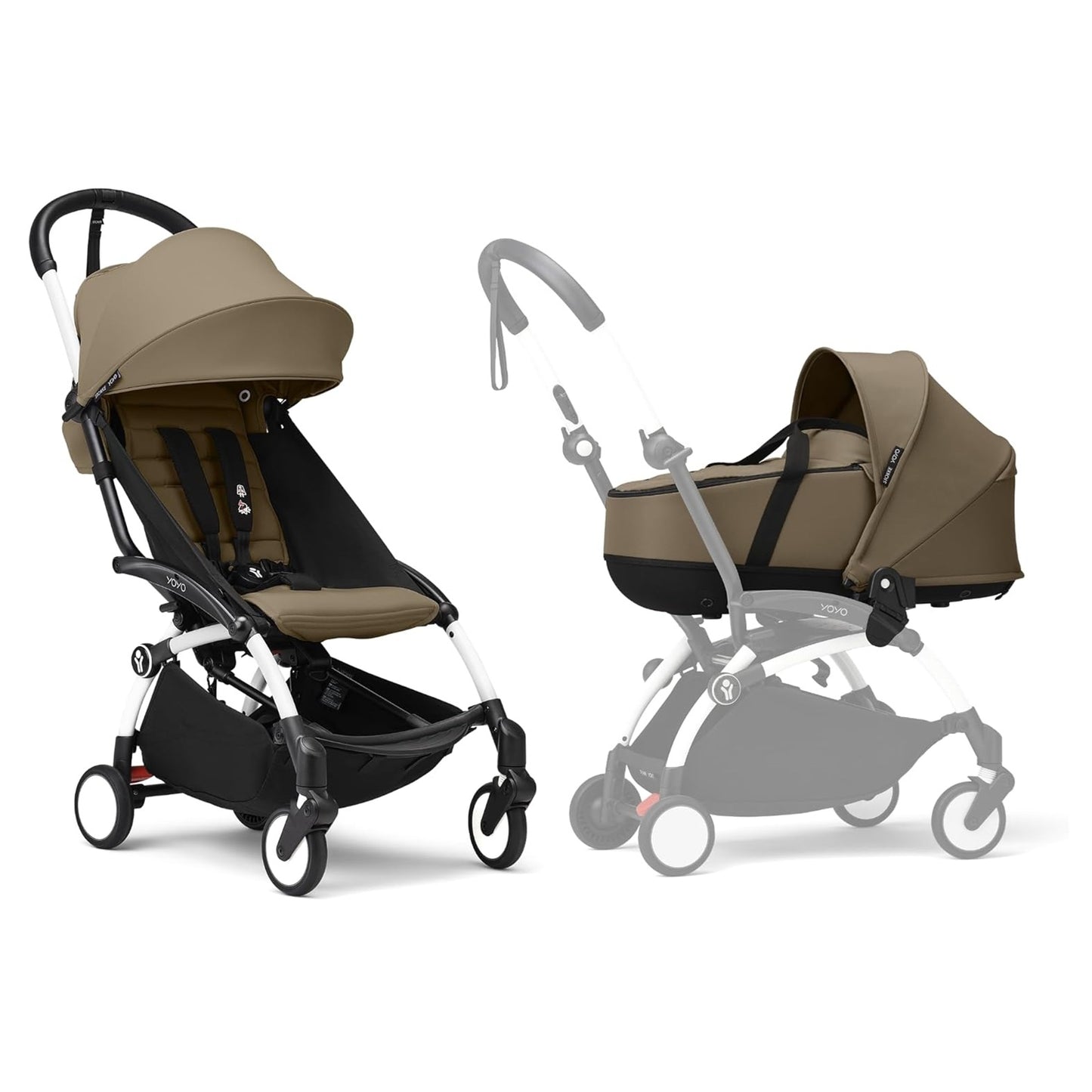 Stokke YOYO3 Frame White + Newborn & 6+ Pack Bundle - Toffee