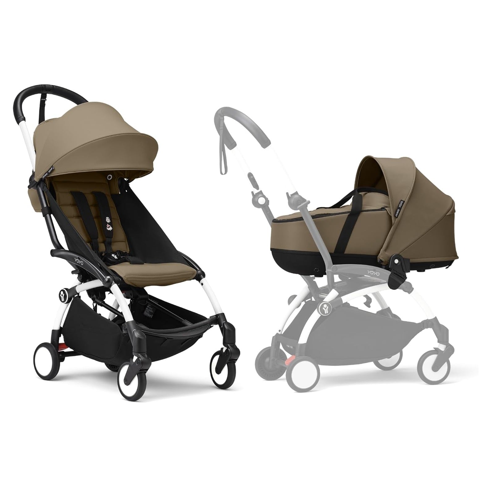 Stokke YOYO3 Frame White + Newborn & 6+ Pack Bundle - Toffee