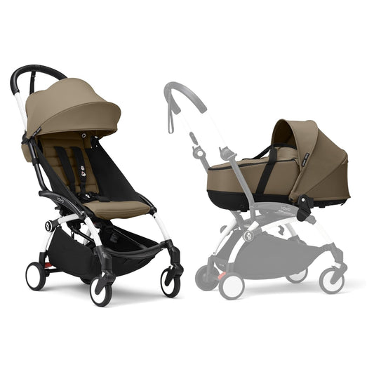 Stokke YOYO3 Frame White + Newborn & 6+ Pack Bundle - Toffee
