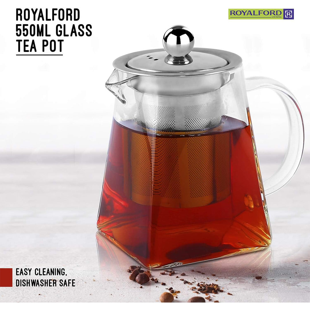 Royalford Glass Tea Pot with Strainer, Stainless Steel/Clear, 500 ml