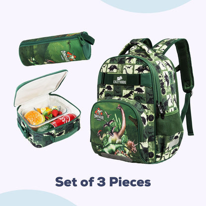 Eazy Kids - 18" School Bag Lunch Bag Pencil Case Set of 3 Dinosaur - Green