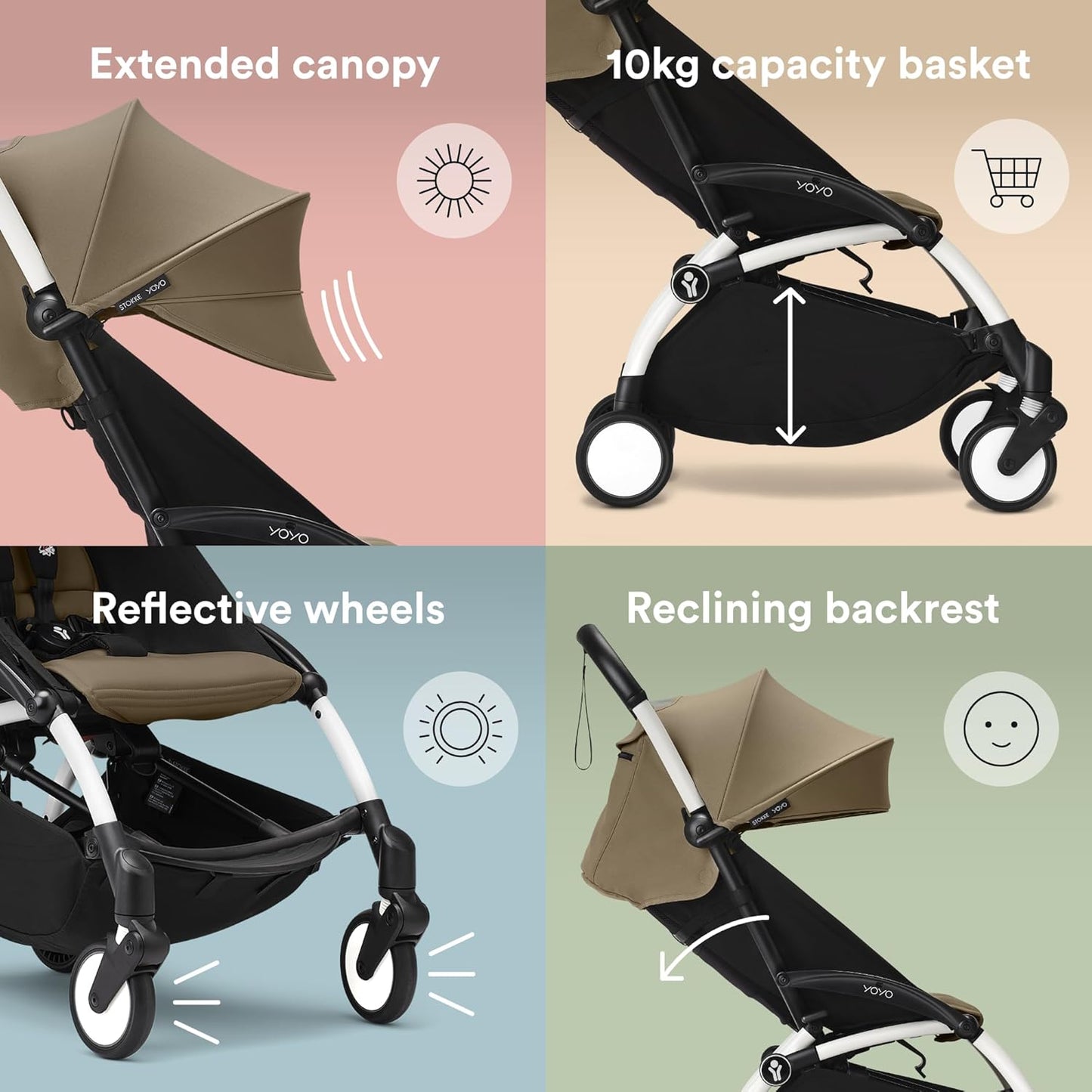 Stokke YOYO3 Frame White + Newborn & 6+ Pack Bundle - Toffee