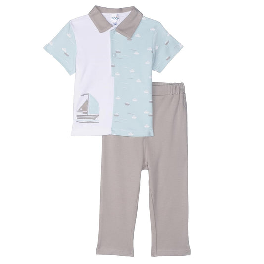 MOON 100% Cotton Polo T-Shirt and Long Pant 9-12M Teal - Little Boat