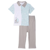 MOON 100% Cotton Polo T-Shirt and Long Pant 18-24M Teal - Little Boat