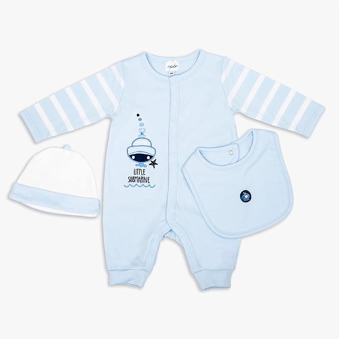 MOON 100% Cotton Sleepsuit, Hat And Bib 3pcs 3-6M Blue - Little Submarine