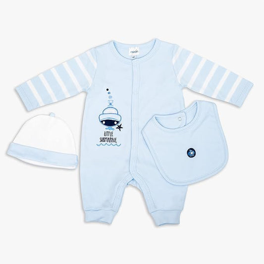 MOON 100% Cotton Sleepsuit, Hat And Bib 3pcs 3-6M Blue - Little Submarine