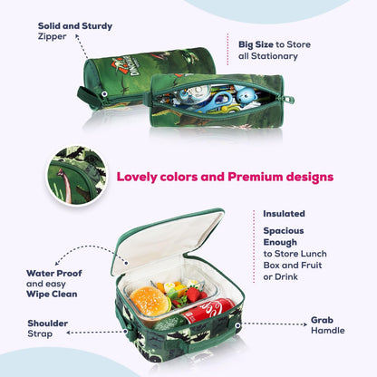 Eazy Kids - 18" School Bag Lunch Bag Pencil Case Set of 3 Dinosaur - Green