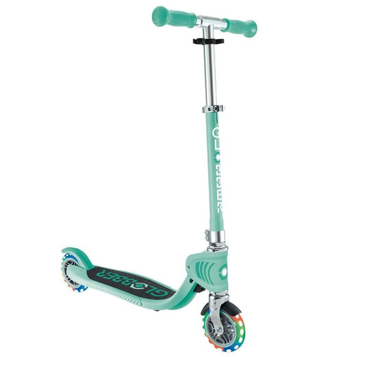 Globber - Flow Foldable Junior Lights 2 Wheels Scooter, Integrated Folding System, Robust Reinforced Deck, Adjustable T-Bar, 3 Years+, 30 x 50 x 50 cm - Mint