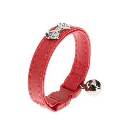 Ferplast Joy C Cat Collar Red Colour 35cm x 20mm Leather W. Metal Bowtie Rhinestone Bell Quick Buckle