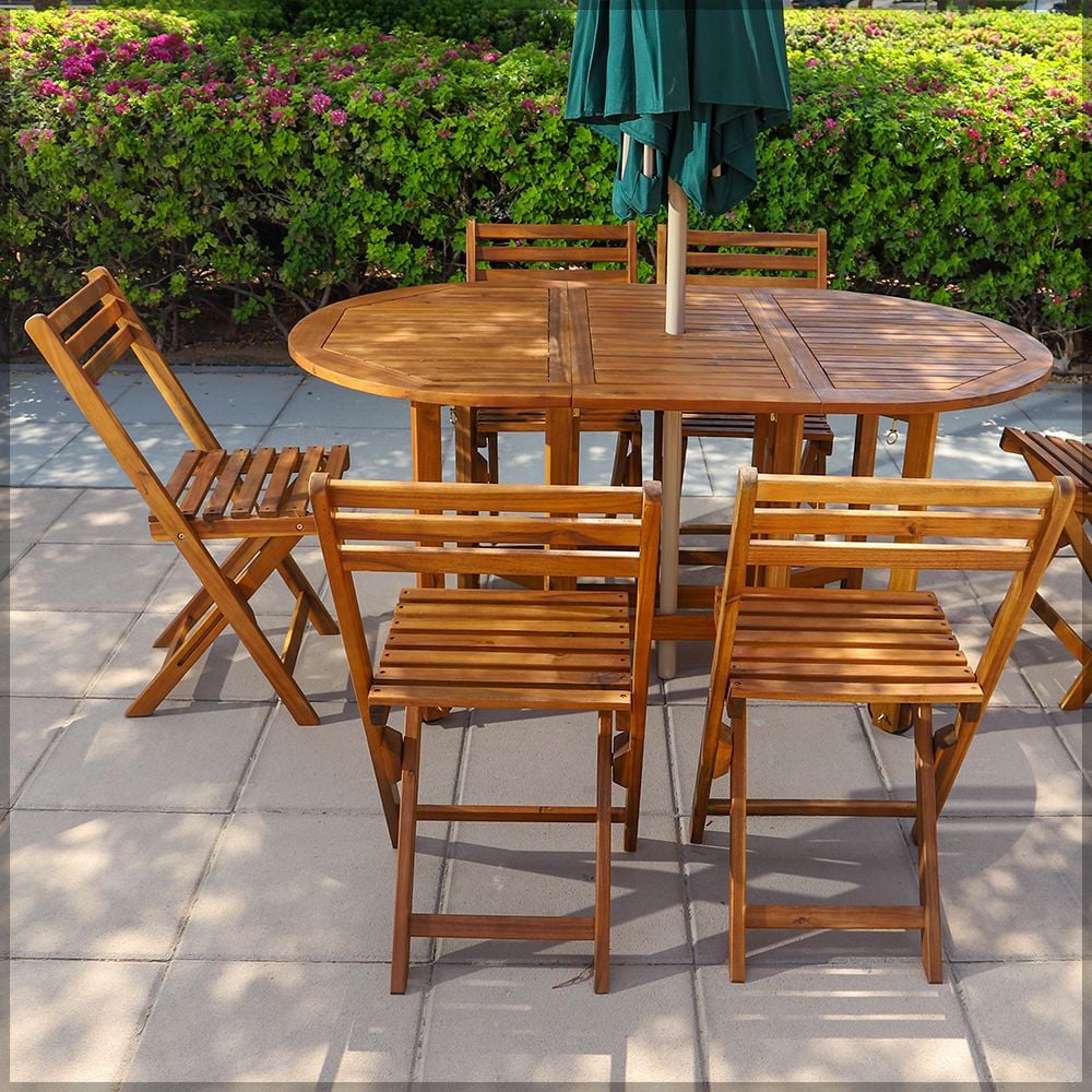 Yatai 7 Pcs Foldable Acacia Wood With Movable Tyres Patio Bistro Set