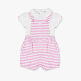MOON 100% Cotton Collar Top and Dungaree 9-12M Pink - Pink Stripes