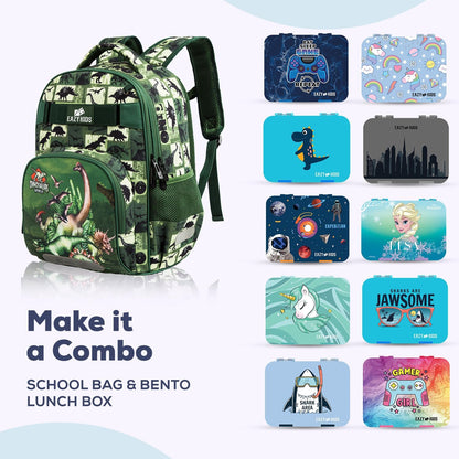 Eazy Kids - 18" School Bag Lunch Bag Pencil Case Set of 3 Dinosaur - Green