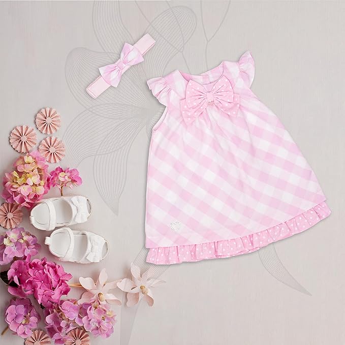 MOON 100% Cotton Dress With Headband 3-6MPink - Pink Gingham