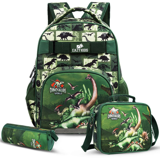 Eazy Kids - 18" School Bag Lunch Bag Pencil Case Set of 3 Dinosaur - Green