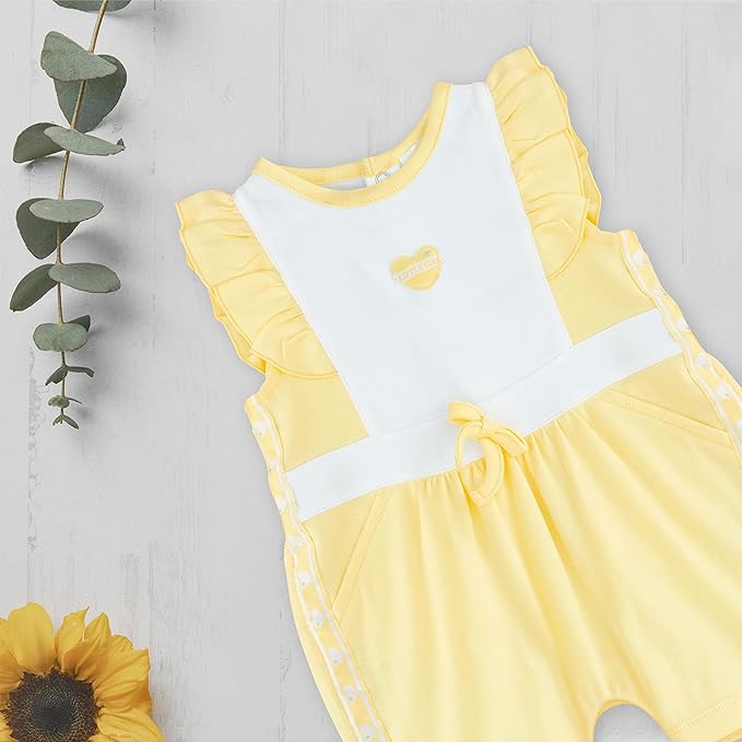 MOON 100% Cotton Ruffle Sleeves Romper 6-9M Yellow - Lemon Hearts