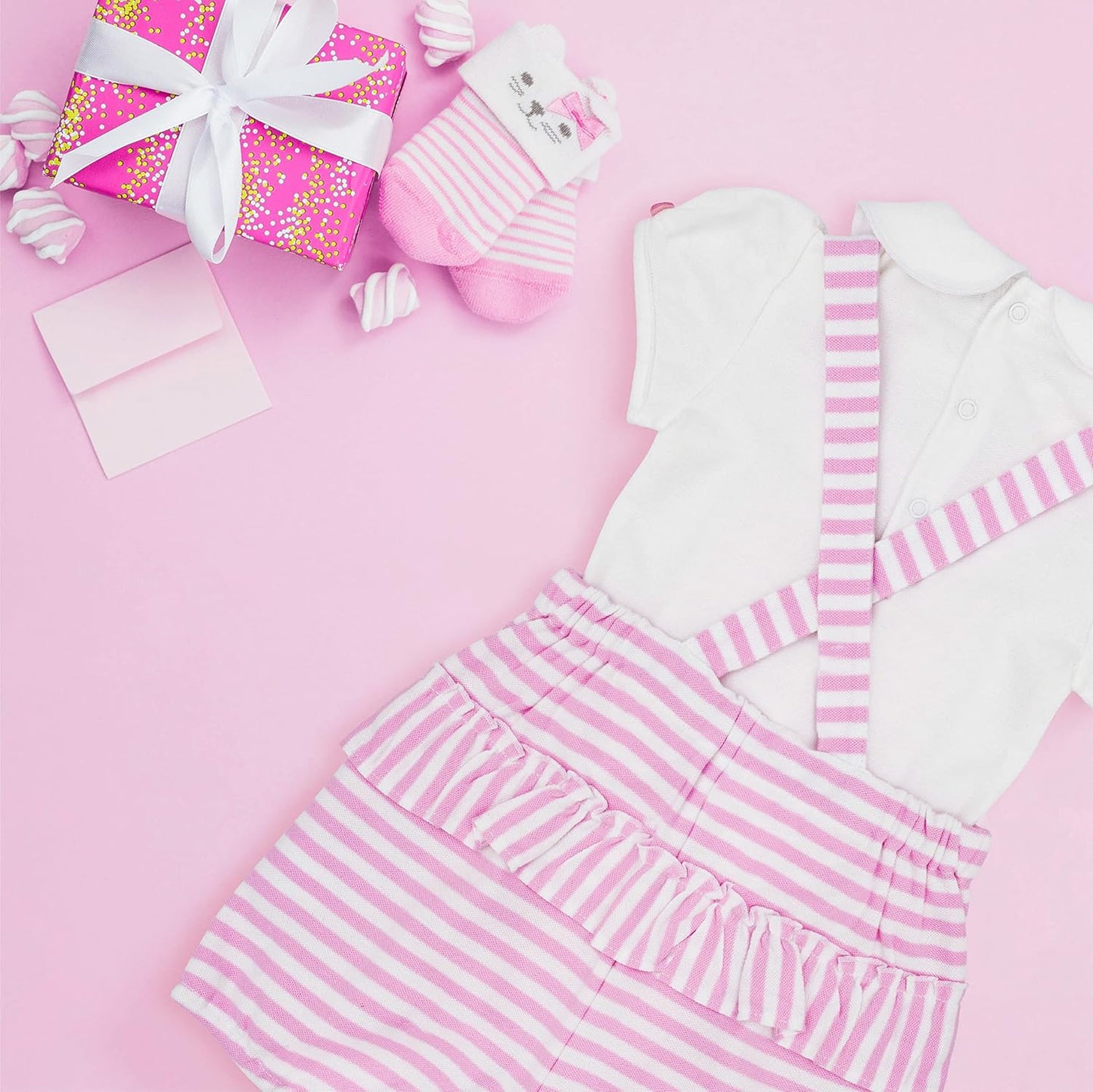 MOON 100% Cotton Collar Top and Dungaree 9-12M Pink - Pink Stripes