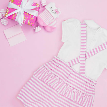 MOON 100% Cotton Collar Top and Dungaree 12-18M Pink - Pink Stripes