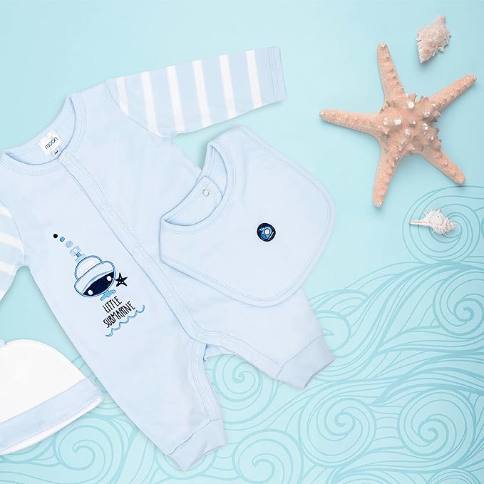 MOON 100% Cotton Sleepsuit, Hat And Bib 3pcs 3-6M Blue - Little Submarine