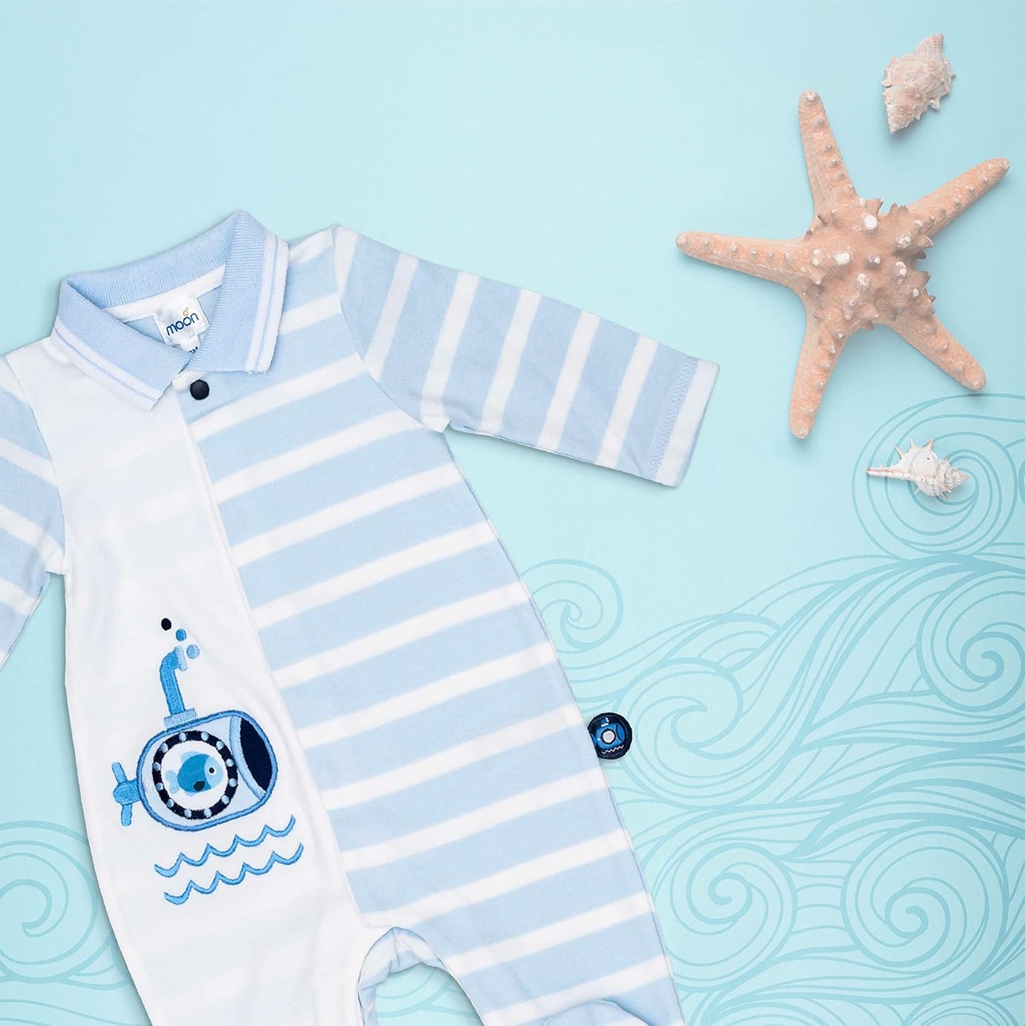 MOON 100% Cotton Footed Sleepsuit 0-1M Blue - Little Submarine