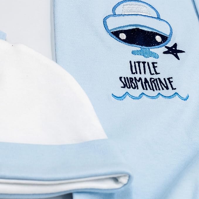 MOON 100% Cotton Sleepsuit, Hat And Bib 3pcs 3-6M Blue - Little Submarine
