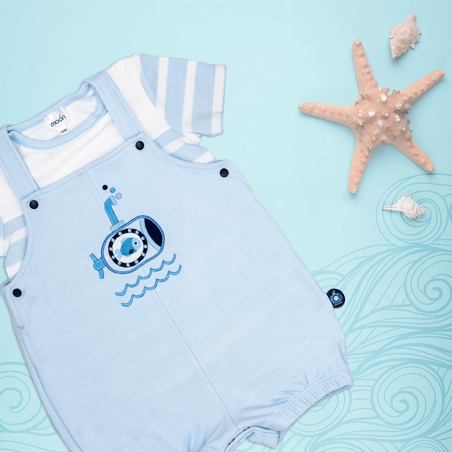MOON 100% Cotton T-Shirt and Dungaree 9-12M Blue - Little Submarine