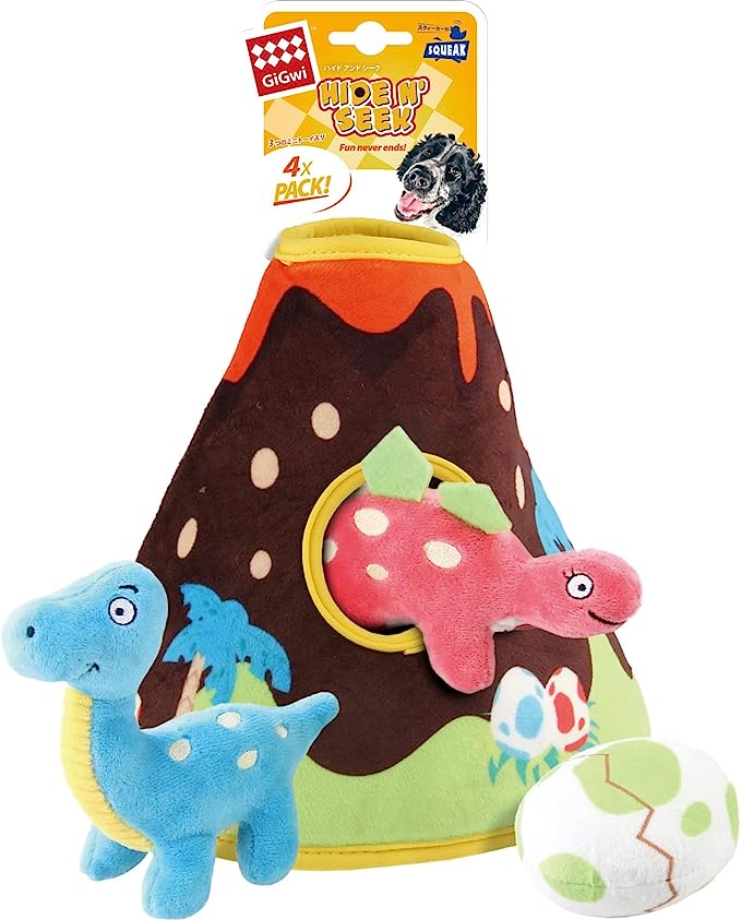 Gigwi Squeaker Dog Toy Hide & Seek Volcano Park With 2 Dinosaur & Dino Egg 4pack