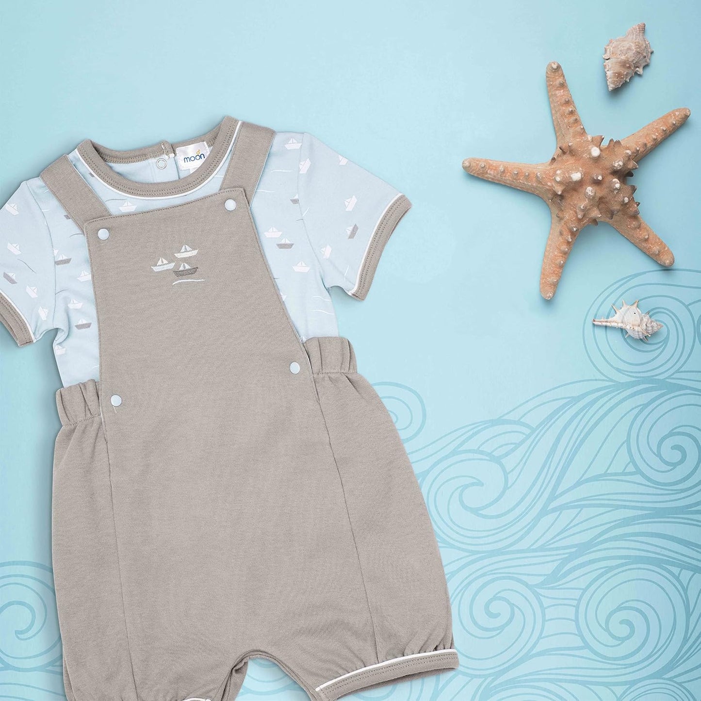 MOON 100% Cotton T-Shirt and Dungaree 18-24M Teal - Little Boat