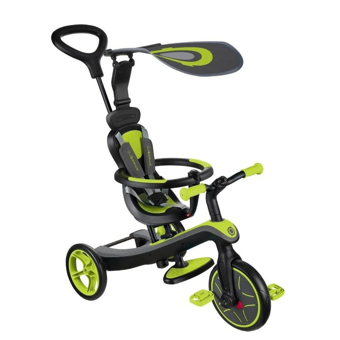 Globber - Explorer 4 in 1 Trike for Kids 10m+ - Lime Green with Adjustable Seat, Safety Harness, and UV Canopy