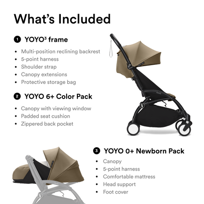 Stokke YOYO3 Black Frame & 0+ & 6+ Toffee Bundle