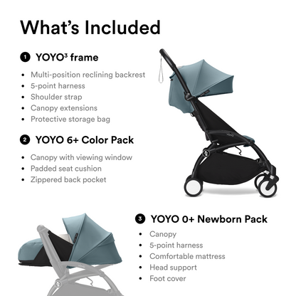 Stokke YOYO3 Black Frame & 0+ & 6+ Aqua Bundle