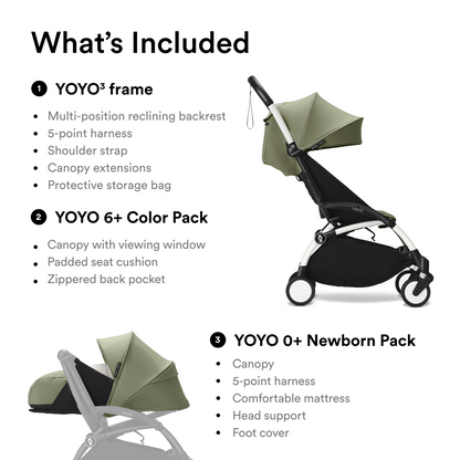 Stokke YOYO3 White Frame & 0+ & 6+ Olive Bundle
