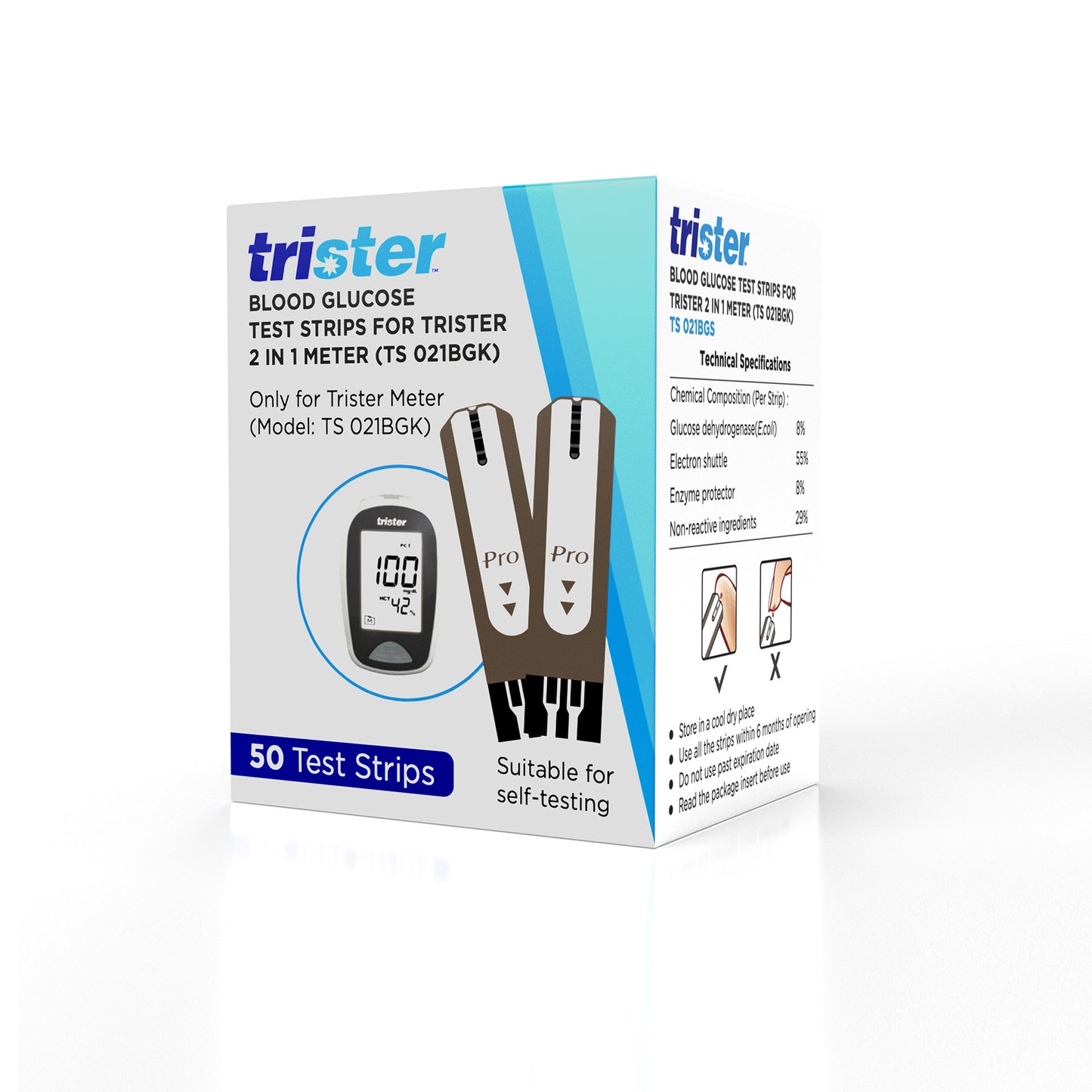 TRISTER 2 In 1 Blood Glucose Test Strips - 50 Pieces