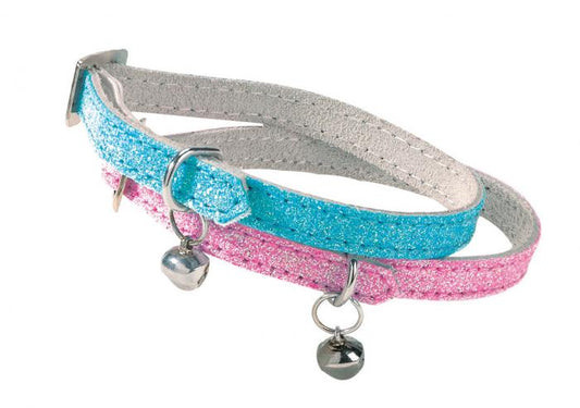 Bobby Paillete Cat Collar Leather Glittery Safety Release Bell Blue