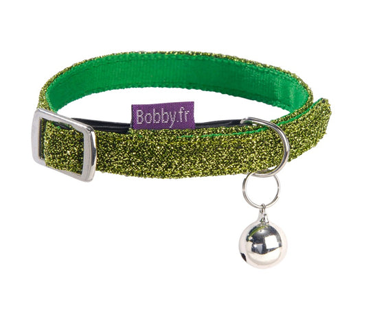 Bobby Disco Cat Collar Glittery Nylon Quick Close with Bell Green XS