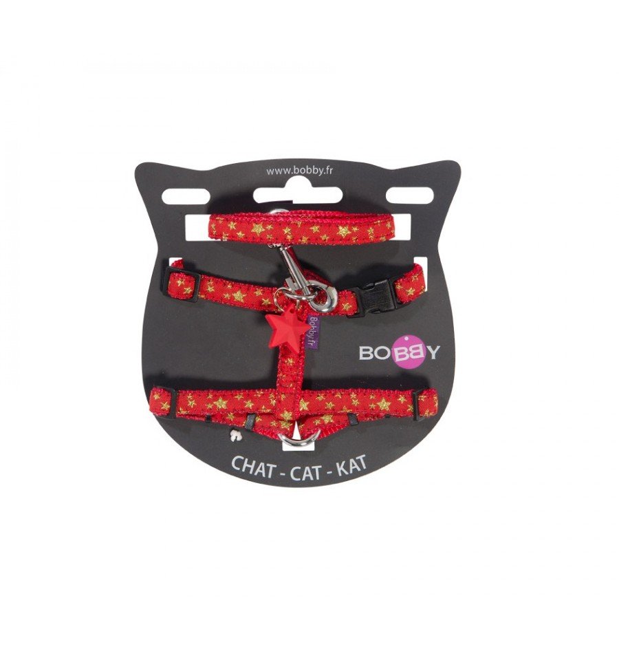 Bobby Merry XS Cat Harness & Leash Nylon Washable with Stars Red